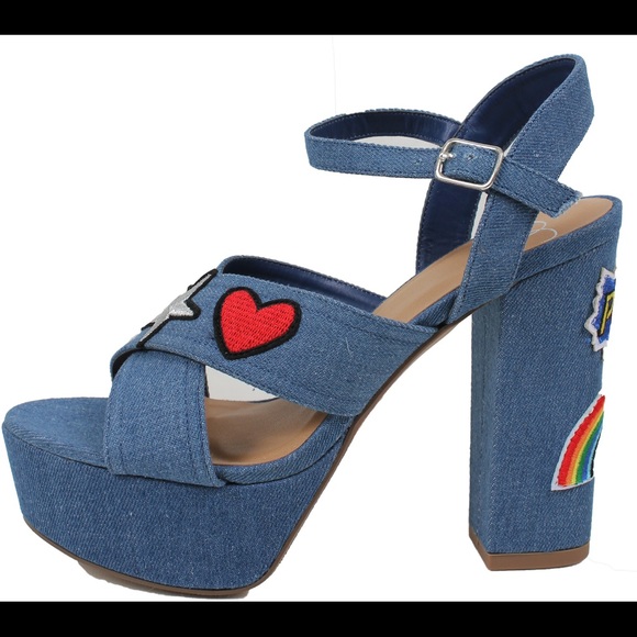 Blue denim patched open toe ankle strap block heel - Picture 2 of 5